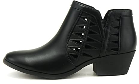 Soda CHANCE Womens Perforated Cut Out Stacked Block Heel Ankle Booties (8.5, Black PU, numeric_8_point_5)