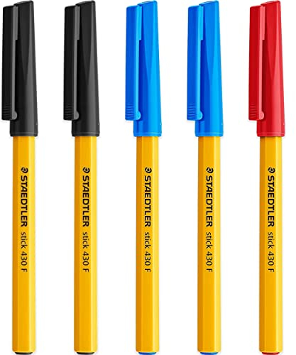 Staedtler Penne a sfera sottili da 0,3 mm, 430, con inchiostro nero, blu e rosso, confezione da 5