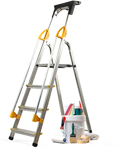 KADAX Aluleiter 4 Stufen, klappbare Stehleiter mit Handlauf, belastbar bis 150 kg, Trittleiter mit Fach für Pinsel und rutschfesten Füßen