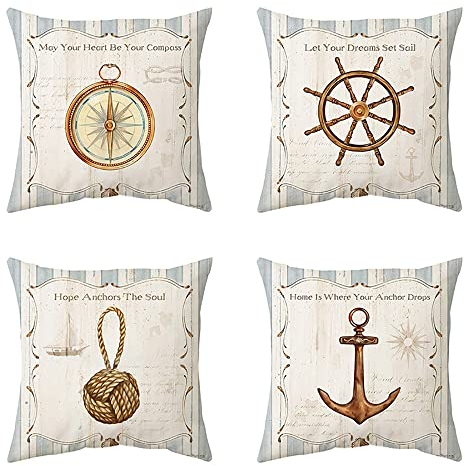 AKIS Home Kissenbezug 45x45cm 4er-Set Nautisch Anker Leuchtturm Segelboot Kompass Kissenbezüge für Sofa Büro Wohnzimmer Wohndeko Moderne Kissenhülle Multicolor…