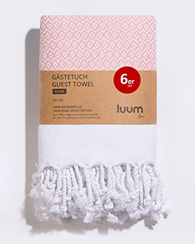 Luum® 6er Set Hamam Gästehandtücher, Deko Handtücher, Seiftuch, Waschlappen, Stoffservietten, Putzlappen, 100% Baumwolle schnelltrocknend fusselfrei Peach 33x33 Geschenkset Geschenke für Frauen