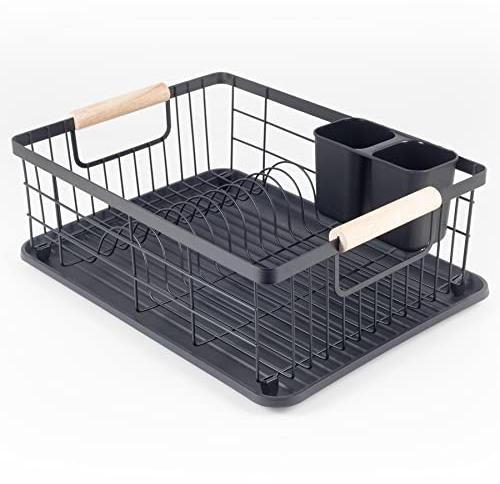 Hanseküche Abtropfgestell Schwarz Matt – Hochwertige Abtropfschale für Geschirr mit Griffen aus Holz – Geschirrständer aus Edelstahl für die Spüle, Abtropfgitter