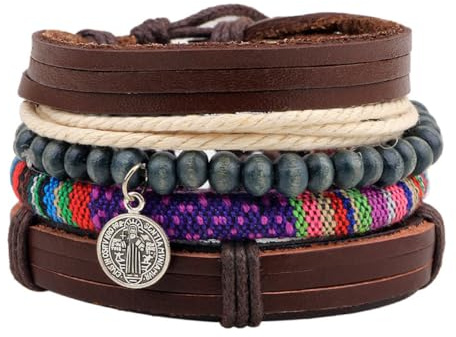 KBNSUIAN Christus Herr St. Benedikt Armbänder - 4-Stücke Katholische St. Benedikt Schutz Rosenkranz Perlen Armreif Schichtes Leder Armband Segen Christlich Schmuck für Männer Frauen