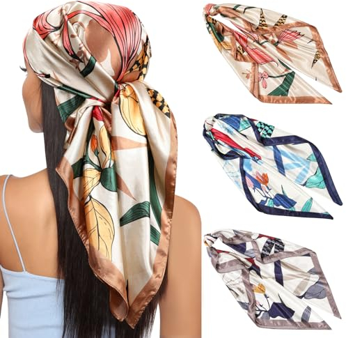 Kajeer 3 Stück Kopftuch Bandana Halstuch für Damen - 90x90cm Große Satin Seidentuch Weiches Satinschal Haarschal für Frauen