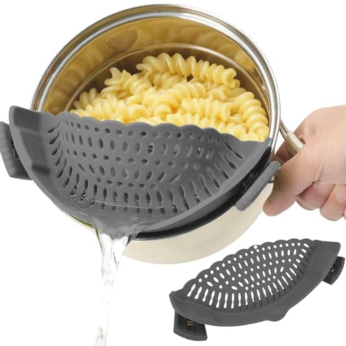 Norhogo Colador de silicona con cierre a presión, colador de pasta para cocina, resistente al calor, de silicona, se puede utilizar con manos libres para todos los cuencos y ollas, color gris