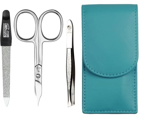 Sonnenschein by Hans Kniebes Maniküre Set 3-teilig Türkis – Nagelpflege Set Edelstahl rostfrei – Nagelschere, Feile & Pinzette – Echtes Nappa Lammleder Etui – Reise Manikürset kompakt