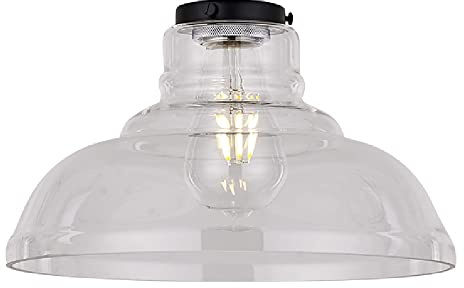 Britalia Clear Shallow Dome Glass Vintage Easy Fit Pendant Light Shade | 28cm Diameter | Black Metal Top Cap | None Electric Retro Ceiling Light | Fits E27 ES Lampholders