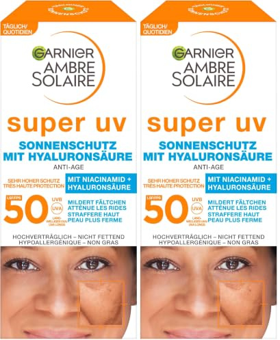 Garnier Anti-Aging Sonnencreme mit LSF 50, Sonnenschutz mit Hyaluron und Vitamin B gegen Falten und Trockenheit, Ambre Solaire, 1 x 50 ml (Packung mit 2)