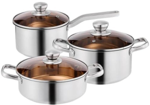 RUVOO Batteria di Pentole, Set da 3 Pezzi Pentola per Zuppa Antiaderente Pentola per Latte in Acciaio Inossidabile Addensata Pentola per Latte con Coperchio in Vetro Utensili Cucina Set Pentole