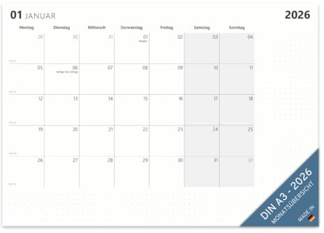 PuK Monatsplaner 2026 | Monatskalender 2026 DIN A3 Quer Block | Feiertage und Kalenderwochen | Minimalistischer Kalenderblock Planer 2026 Termine und Notizen (DIN A3)