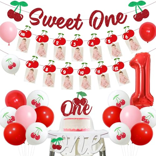 Decoración de primer cumpleaños de cereza, pancarta de cereza, pancarta de fotos de cereza, decoración de pastel con purpurina roja, pancarta para silla alta, globo de aluminio número 1, globos de