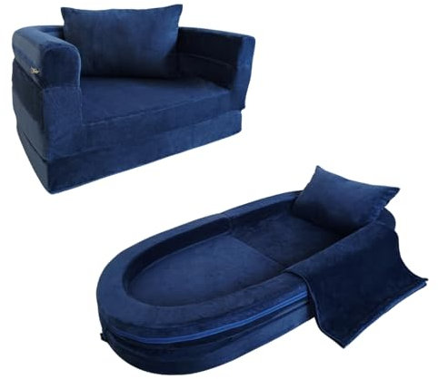 Canapé en Mousse pour Enfants avec Couverture & Oreiller, Sofa Convertible 3-en-1 Pré-assemblé pour Tout-petits, Chaise Pliable d'Intérieur & Lit de Sol Dépliable pour Garçons & Filles (Marine)