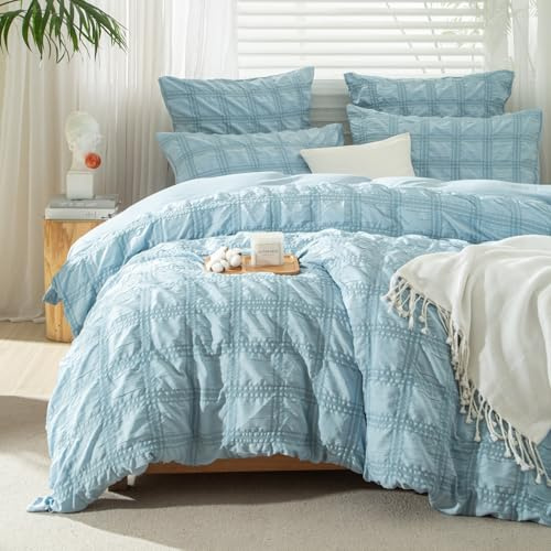 Gezu Ropa de cama de seersucker azul, 155 x 220 cm, a cuadros, transpirable, refrescante, moderna, romántica, reversible, funda nórdica de 155 x 220 cm y 2 fundas de almohada de 80 x 80 cm, incluye