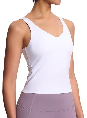 THE GYM PEOPLE Sport BH Damen Longline Crop Tank Top Mit Integriertem BH Yoga Oberteil Fitness Workout Pilates Sports Bra,White,S