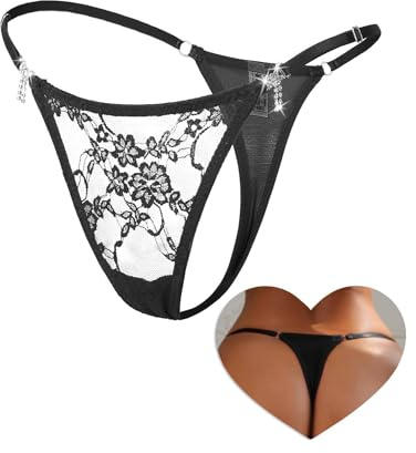 comeondear Tangas Sexy Mujer de Encaje Tanga Hilo con Strass Mini String Transparentes Thong Lace Brasileñas Talla Grande Cintura Baja Ajustables Ropa Interior Elástica Slip Underwear Negro,M