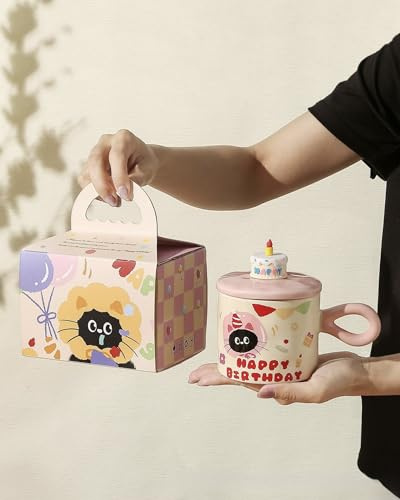 380ML Cute Cake Cat Ceramic Mug, Comes with Gift-Ready - Perfect for Birthdays & Daily Sips (Pink)