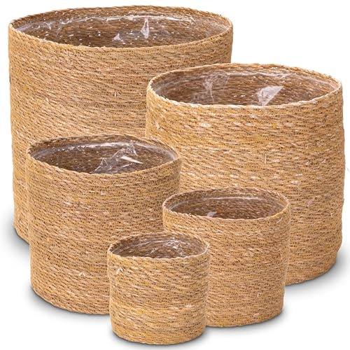 Decorasian Seegras Übertopf – Blumentopf geflochten – dekorativer Planzenkorb mit Folieneinsatz im Boho Stil – Natur - 5er Set