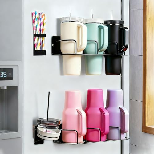 Magnetic Stanley Cup Holder for Fridge, Strong Magnetic Tumbler Organizer Rack with Magnet Cup Lid/Straw Storage, Wall Mount or Fridge Organizer, Space Saving Water Bottle Rack for 30oz 40oz Tumblers