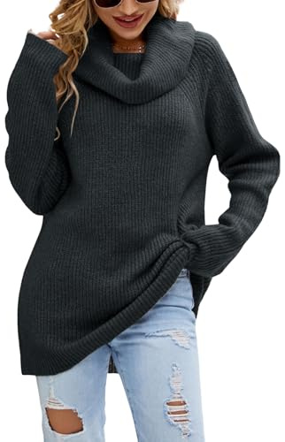 JFAN Maglione Invernale Donna Elegante a Collo Alto Maglione Manica Lunga Donna Caldo Pullover in Maglia Oversize Morbido Sweater Top(Nero,L)