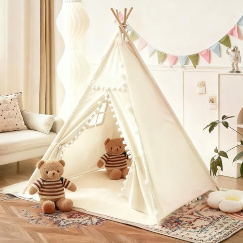 Tipi Tienda de campaña para niños, Tippi Tienda infantil de interior, 120x140cm Lona Tipi infantil, Casa de juegos con cadena de luces y bolsa de almacenamiento para interior o exterior