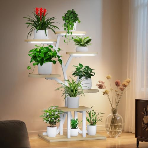 Kooeuru Pflanzenregal Indoor mit Wachstumslicht,7 Ebenen Blumenregal metall 110cm Metall Holz Pflanzenständer,Blumenregal Indoor für Indoor Garten Balkon Plant