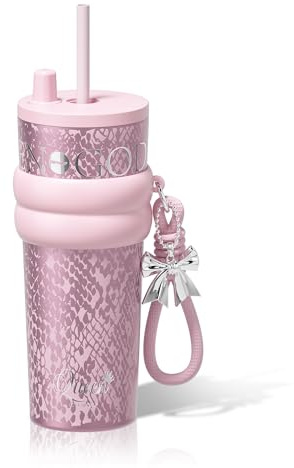 Sidagar 24 oz Insulated Tumbler witn Lid and Straw, Stainless Steel Leak Proof Water Bottle with Strap, Portable Iced Travel Coffee Mug for Women, Pink
