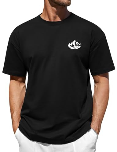 TOMEEK Tee Shirt Homme Manches Courtes Oversize T Shirt Homme Coton À Col Rond Été Tee-Shirt Chic Imprimé Coupe Ample Top de Sport (Noir,L)