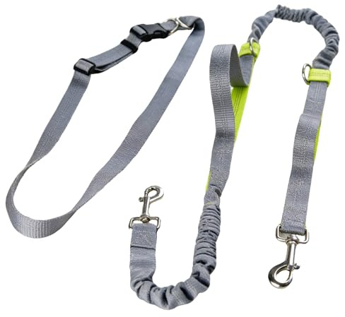 Regolabile Guinzaglio a Mani Libere Guinzaglio Cane con Cuciture Riflettenti Longhina per Cani Cintura in Vita Regolabile Guinzaglio Elastico Retrattile a Doppia Maniglia Grigio