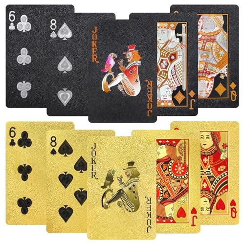 Feruchun 2 Deck Spielkarten,Pokerkarten Plastik,54 Blatt pro Set,Poker Kartendeck Wasserfest für Blackjack Bridge Unterhaltung (Schwarz + Gold)