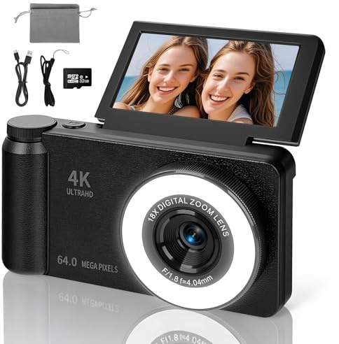 Cámara Digital 4K 64MP con Luz Beauty y Modo Belleza Cámara Digital Portátil con Pantalla Abatible 180° de 3 Zoom Digital 18X con Autofocus Cámara Compacta para Vlogging y Viajes Incluye Tarjeta 32GB
