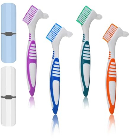 Set di 4 spazzole dentate con due scatole di immagazzinaggio, spazzolino da denti per protesi, set di spazzole per protesi dentarie portatili, spazzola per protesi bifacciali per una pulizia efficace