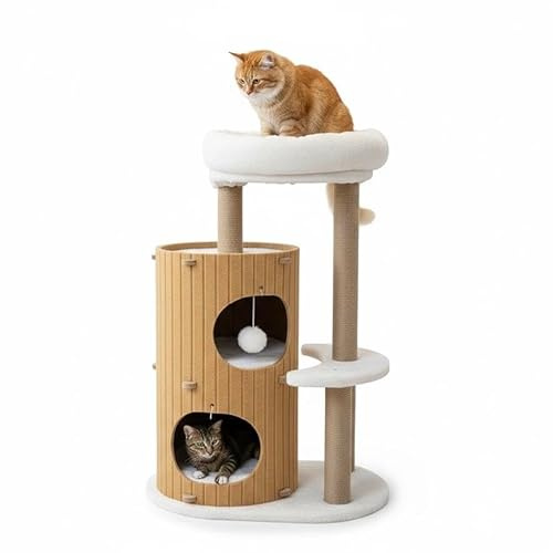 COTTECOTA Rascador para Gatos de Madera con Cueva, Cama Superior Suave y Postes de Sisal, Estilo Tronco, 40x60x90 cm