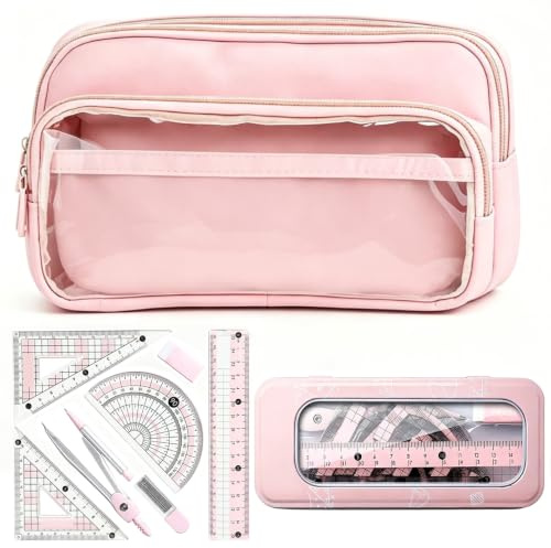 QuidToyzian Astuccio Scuola Grande Capacità con Set Geometrico 8 Pezzi, Astuccio Tessuto Multicompartimento, Compasso e Squadre Precise per Scuola Media e Primaria, Regalo per Bambine (Rosa)