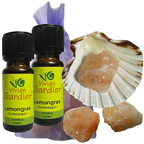 Lemongrass Zitronengras ätherisches Öl naturrein 2 x 10ml aus kontrolliertem Anbau. 7 teiliges Aromatherapie Duft Set mit Muschel + 3 Salz Kristalle zum Beduften + Säckchen. 50006