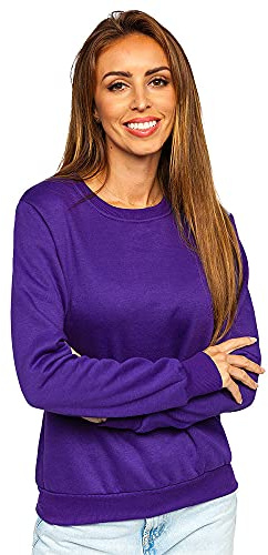 BOLF Damen Sweatshirt Pullover ohne Kapuze Basic Langarmshirt Top Baumwollmischung Pulli Rundhals-Ausschnitt Sweater Farbvarianten Sportlich Fitness J.Style W01 Violett L [A1A]
