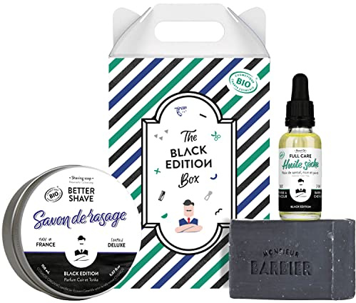 Coffret de soin pour homme de Monsieur BARBIER | BLACK EDITION TONKA | Français, Naturel et Vegan | Visage, Rasage, Barbe & Cheveux pour un kit d'entretien premium complet | Le cadeau beauté idéal