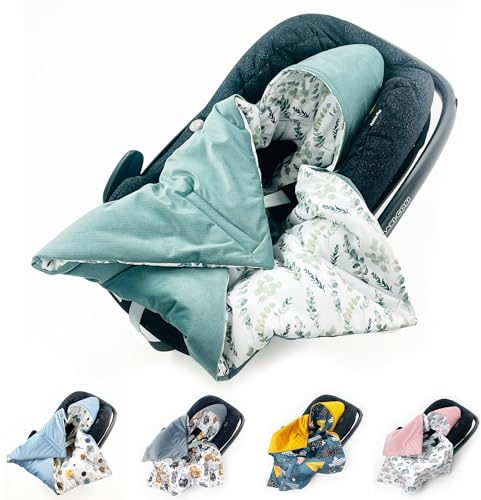 BABEES© Wattierte Winter Einschlagdecke mit Füllung für Babyschale Autositz 80x80 cm universal, Übergangszeit Herbst, Warme Babydecke für Kinderwagen Babytragen Babybett Velvet Eucalyptus
