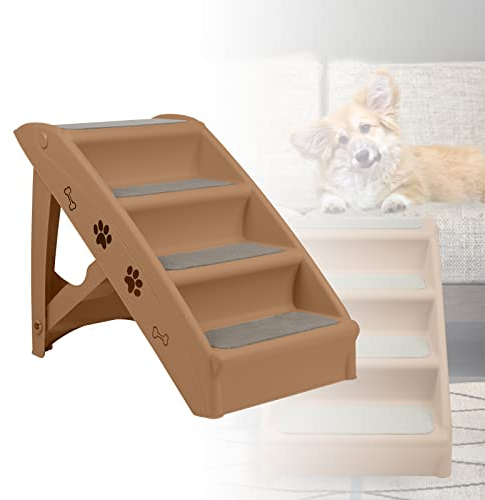 ACXIN Hundetreppe Klappbare Haustiertreppe 4 Stufen Katzentreppe mit Rutschfesten Stufen Hunderampe Hundetreppe bis zu 75kg Tiertreppe für Bett oder Sofa (Braun, 61x38x49cm, 1)