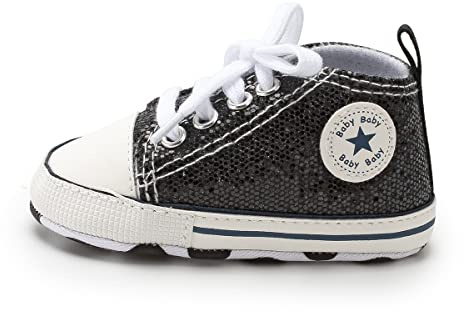 BAIELey walk in the clouds Baby Boys Girls Infant Canvas Sneakers High Top Lace up Bling Sequins Soft Sole Newborn First Walkers Shoe (Black 6-12_Months)