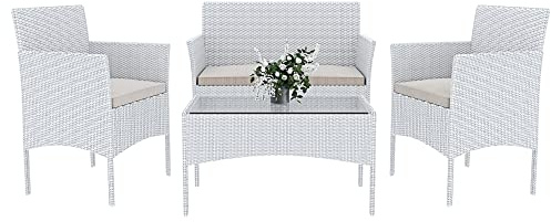 Bricozone Set Di Mobili da Giardino in Rattan 4 Posti Salottino Salotto E Tavolino Con Ripiano In Vetro 2 Poltrone E Divano 2 Posti Con Cuscini Sfoderabili Esterno Piscina Veranda Terrazzo (White)