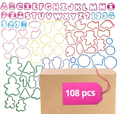 Pack of 108 Cookie Cutters Kit – Big Set of Plastic Cake Cookie Cutters Perfect Size Alphabet Numbers Holiday and Other Shapes Cookie Cutters for Baking Bento Box Bakeware for Holiday Birthday Party