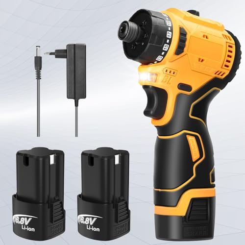 Taladro Percutor a Bateria 16.8V, Destornillador Electrico con 2x1.3Ah Baterías, Taladro Atornillador Batería 55Nm, 23+1 Ajuste de Par, 1500rpm, 2 Velocidad, LED Luz Para Hogar, Bricolaje