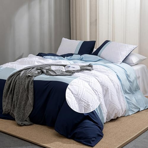 Gezu Sängkläder 135 x 200 cm 2 delar blå vit tuftade geometriska sängkläder set boho broderi sängkläder mikrofiber Böhmen mjukt påslakan med dragkedja och örngott 80 x 80 cm