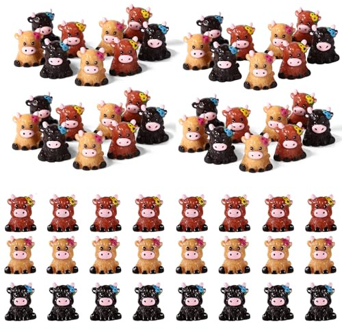 Lyreh 60pcs Mini Resin Cows, 3 Colour Highland Cow Gnomes Figurine Cute Tiny Animal Statues Funny Sculpture Ornament for Decorations Home Bathroom Kitchen Garden Office Desk