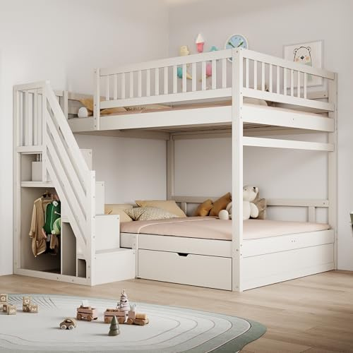 Arhatreya Letto a castello 140 x 200 cm, con rete di sicurezza e scale, letto a castello con rete a doghe, letto in legno con cassetti portaoggetti, letto per bambini e ragazzi (senza materasso