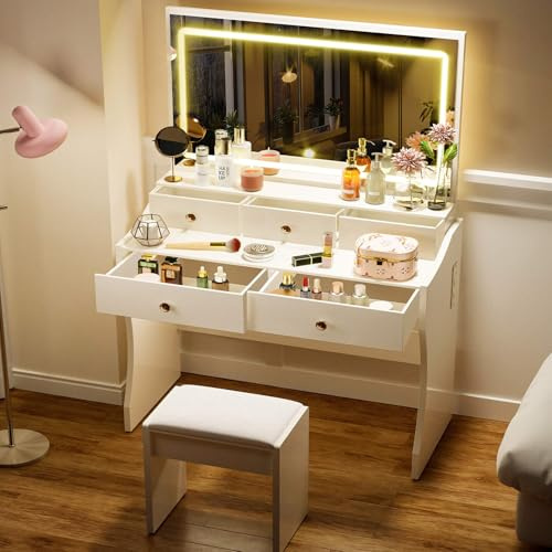 COMHOMA Vanity Desk with Mirror and Lights, Makeup Vanity Table and Chair Set with Drawers and Charging Station, Bedroom Dresser LED Mirror Stepless Dimmable & 3 Color Modes Adjustable, 5 Drawer/White