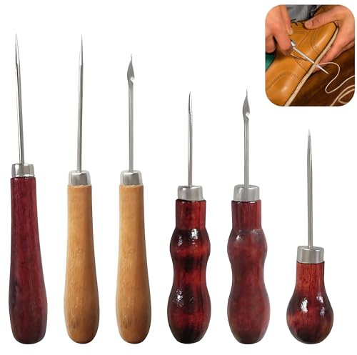 6pcs Solid Wood Awl Tool Gourd Shape Bradawl Braddle Tool for Wood Sewing Awl Precision Punch Tools for Leather, Wood, Carpet and DIY Carpet Tailors Versatile Handcraft Tool Kit