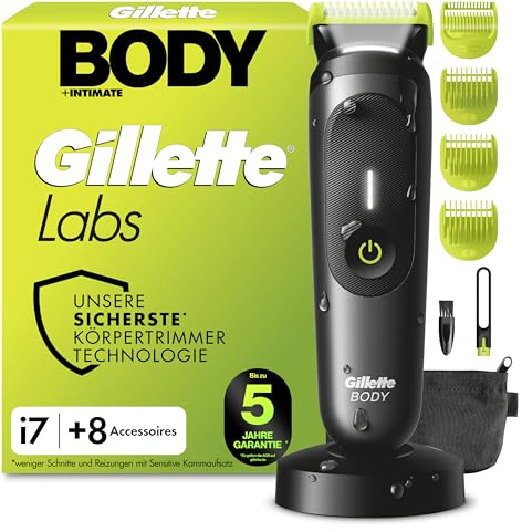 Gillette Labs Body + Intimate Tondeuse Homme i7, Tondeuse Corps et Zone Intime, Étanche, Dotée de la Technologie SkinFirst et de la Lumière LED pour Visibilité, 3 Sabots, Batterie Rechargeable Incluse