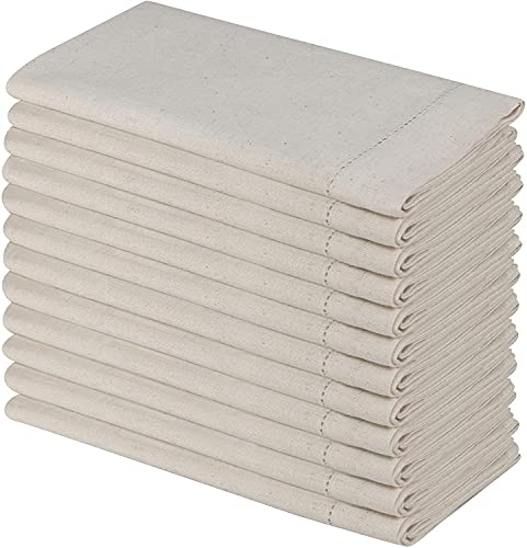 SweetNeedle - (Pack of 12) - Linen Flax Napkins with Hemstitched Handmade Designer Dinner Cloth Napkins 50x50 CM (20x20 IN) in Natural - Premium Look, Flax Cotton Blend - 100% Cellulose Natural Fiber