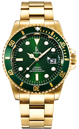 Alienwork Orologio Uomo Donna Oro Bracciale in Acciaio Calendario Data Verde Elegante